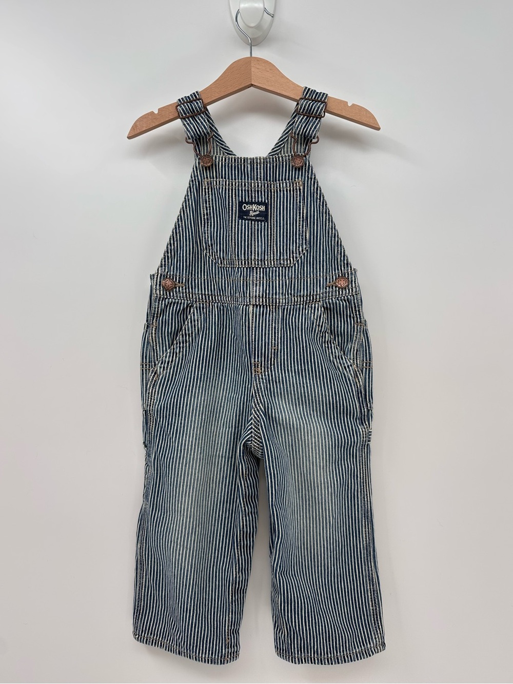 OshKosh B'gosh Blue Railroad Stripe Work Overalls Size 24 Months
